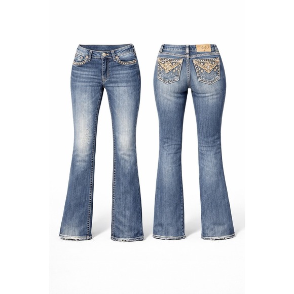 Miss Me Denim - Miss Me 30x32 Mid-Rise Boot Jeans TRIBAL Embellished WHISKERING THICK STITCH